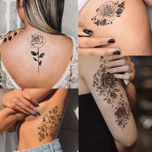 Tatuajes temporales de rosas de flores negras <span class=keywords><strong>para</strong></span> mujeres, pegatinas de tatuaje de boceto de brazo de arte corporal impermeables <span class=keywords><strong>para</strong></span> mujeres y niñas - Product Image 2
