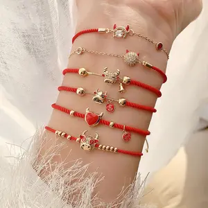 Pulseira tecido amizade zodiac corda vermelha banhado a ouro diamante bracelete bonito presentes cristal pulseiras para mulheres
