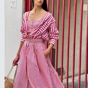 Traje a Rayas Personalizado de Alta Calidad con Botones Detallados, Conjunto de Tres Piezas de Algodón para Mujer, Falda Midi, Conjunto de 3 Piezas para Mujer - Product Image 2