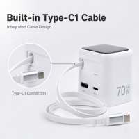 Chargeur rapide USB-C PD 65 Watts avec câble rétractable, prise US, charge rapide, ignifuge, type C