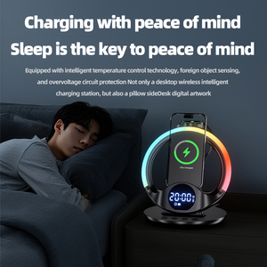 Chargeur sans fil 6-en-1 avec lumière RGB et réveil pour <span class=keywords><strong>iPhone</strong></span> 17~12, Samsung, <span class=keywords><strong>Apple</strong></span> & Galaxy Watch, Airpods Pro, Buds3 Pro – Charge rapide - Product Image 6