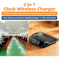 Chargeur sans fil 2-en-1 à charge rapide 15W avec horloge numérique et alarme, station de charge de bureau pour téléphones