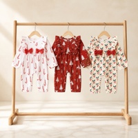 Combinaison de Noël extensible pour bébé, à manches longues, avec volants et imprimé nœud, pour filles, vente en gros