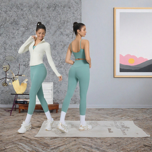 Women Premium Two Piece Yoga Set White Zip Jacket Zippers Teal Sports Bra High Waist <b>Leggings</b> Professional Activewear Print - Product Image 3