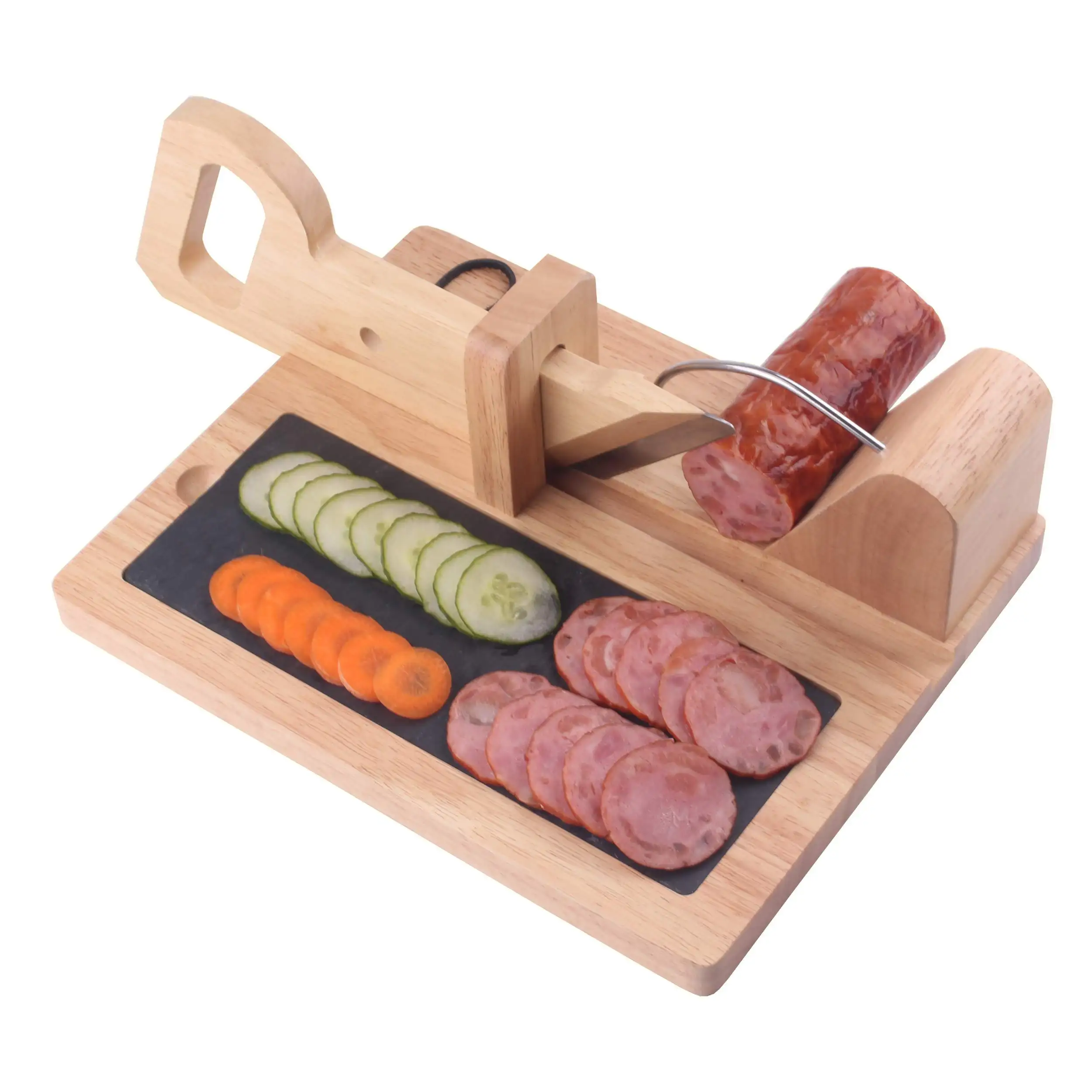Rustic Wood Guillotine Slicer Sausage Cutter Sharp Stainless Steel Blade For Slicing Chorizo With Child Safety Lock