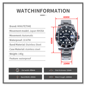 Reloj Mecánico Personalizado MINUTETIME DIY NH35, Relojes Submarinos para Hombre, Esfera Negra de Lujo, Correa de Acero, Movimiento Automático, Resistente al Agua 10 BAR - Product Image 6