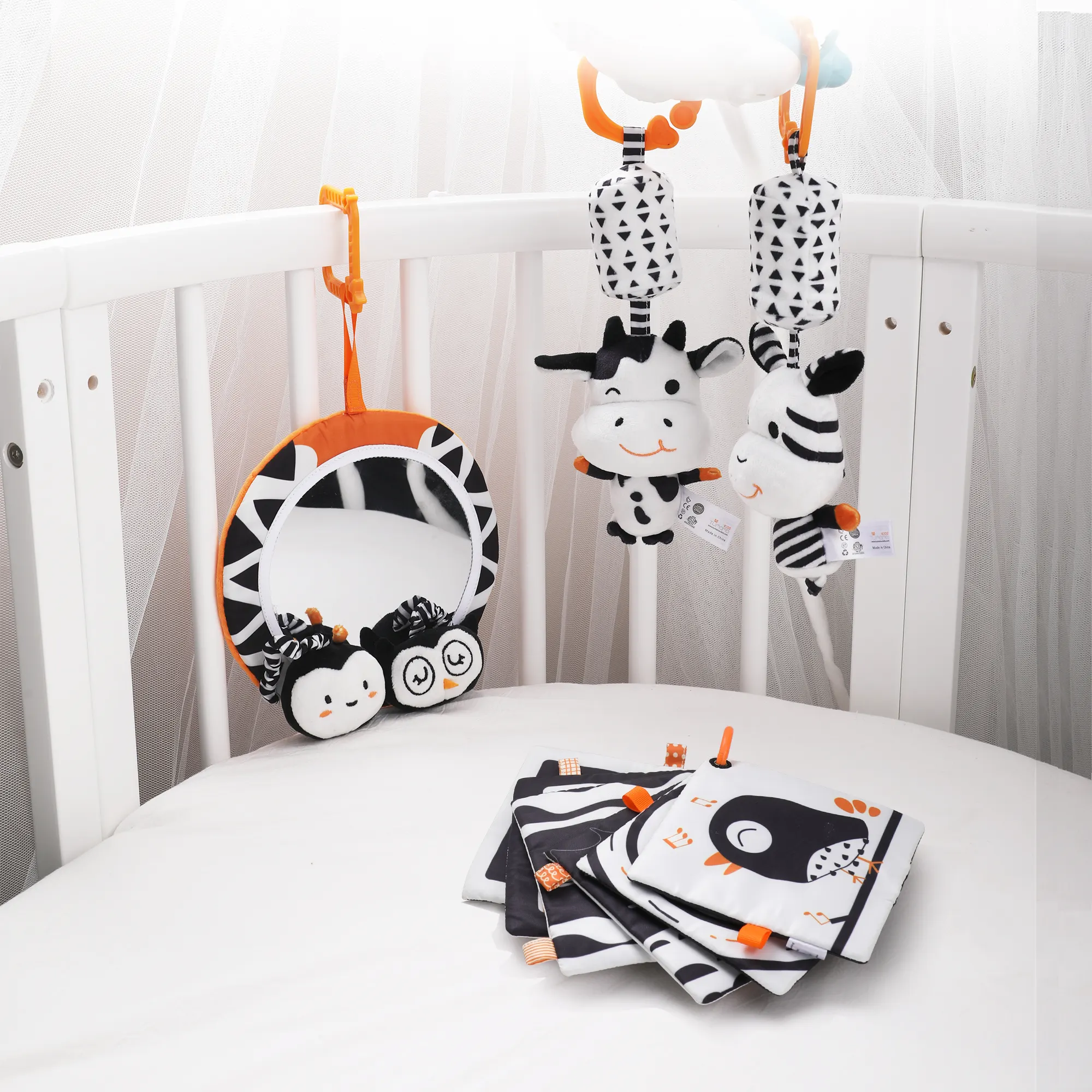 Tumama Black & White Animal Infant Plush Toy Soft Baby Rattle Stroller Hanging Toys With 1*Mirror 2* Hanging Rattles1*Cloth Book