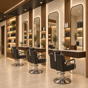 Mobilier de salon de coiffure sur mesure, postes de travail avec miroir, armoires de rangement et présentoirs pour studio de toilettage masculin - Product Image 3