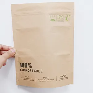 Saco de papel de embalagem degradável pla, embalagem de papel marrom personalizado compostável do pbat