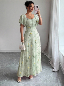 เดรสยาวทรงเอพิมพ์ลายดอกบัวสไตล์วินเทจยุโรปอเมริกัน  ทรงเข้ารูป  หรูหรา  เอวธรรมชาติ  ป้องกันไฟฟ้าสถิต  เป็นมิตรต่อสิ่งแวดล้อม - Product Image 5