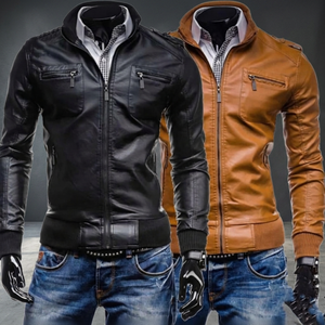 BS International Blouson de motard unisexe en toile imperméable et cuir véritable, marron foncé, tendance hiver, éco-responsable - Product Image 1