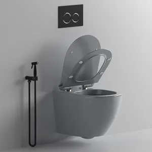 BTO Ceramic Sanitary Ware Matte Grey Rimless Wallhung Toilet Commode Wc Water Closet For Hotel Bathroom Wall Hung P-trap Toilet