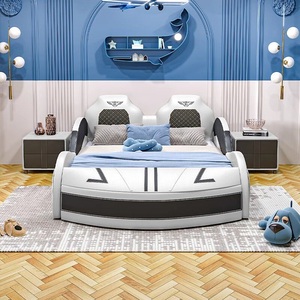 Lit pour enfants en cuir <span class=keywords><strong>bleu</strong></span> moderne en forme de voiture, personnalisable, avec lumière LED en option, haut-parleur Bluetooth, design sécurisé pour les garçons - Product Image 1