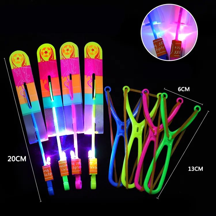 Children Night Light Toy Novelty LED Flashing Fly Slingshot Arrow Elastic Powered Rubber Band Flying Helicopter Toys Games Kid