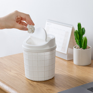 Mini Desktop Trash Can With Lid Cylindrical Blue And White Indoor Use For Office Or Household Storage - Product Image 3