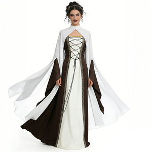 Robe de Cour Médiévale avec Cape, Couleur Contrastante, Taille Empire, Col Montant, en Mousseline, Longue, pour Fête d'Halloween et Jeu de Rôle - Product Image 1