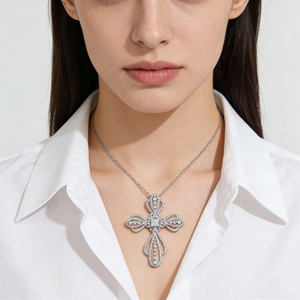 CUSTOM SILVER 10K/14K/18K GOLD PLATED LAB GROWN CVD DIAMOND CLASSIC ENGAGEMENT GIFT SWEATER <b>CHAIN</b> NECKLACE <b>CROSS</b> PENDANT - Product Image 5