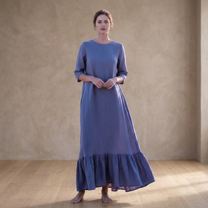 Women 100% Cotton Midi <b>Dress</b> 3/4 Sleeve <b>Ruffle</b> Hem Loose Fit Vintage High Waist A-Line Summer Plus Size Fashion Everyday Wear - Product Image 2