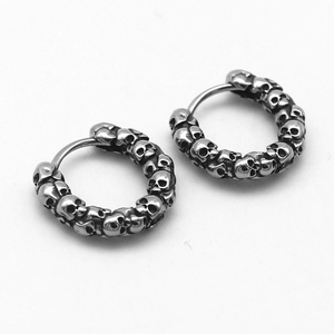 316L Stainless Steel Hoop Earrings <b>Huggie</b> Hoop Earrings Skull Bead Ring <b>Silver</b> Tone Gothic Streetwear Style for Men - Product Image 1