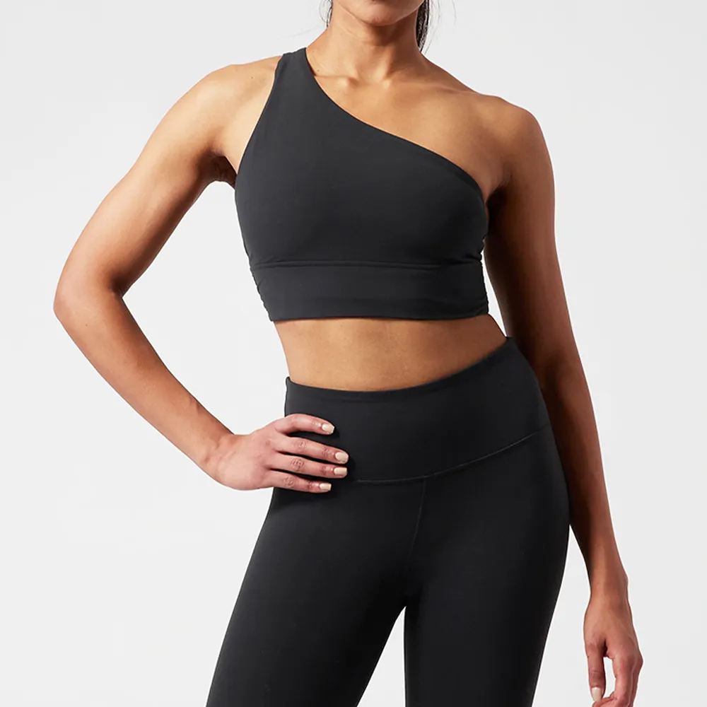 HOSTARON özel Logo kadınlar yüksek destek spor korse bir omuz Cut Out mahsul spor üst geri spor tankı üçgen kayış Yoga