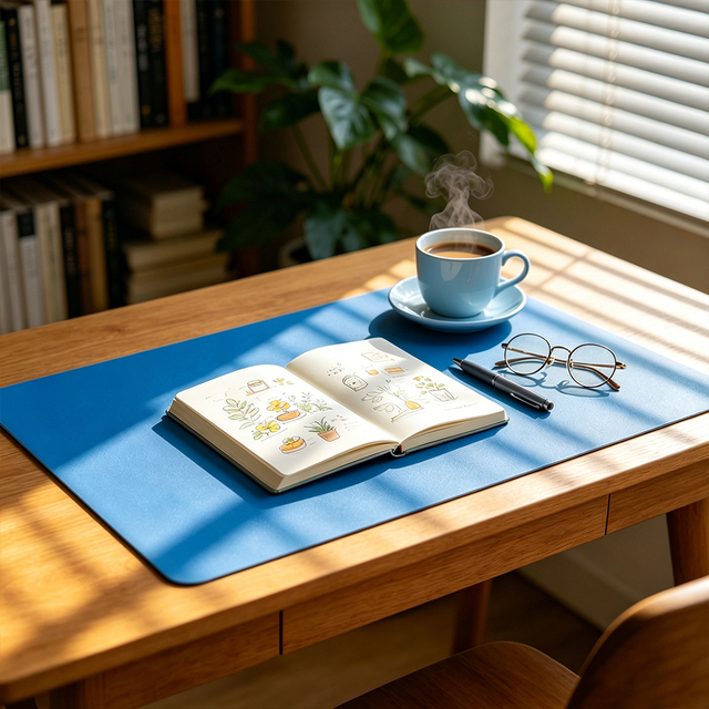 Custom Design Eco-Friendly Large Blue Mousepad Waterproof PU Leather Desk Protector Non-Slip Coffee & Work Office Writing Pad