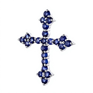 Blue Sapphire Round Cut <b>Cross</b> <b>Pendant</b> in 925 <b>Sterling</b> <b>Silver</b> Rhodium Plated Claw Set Classic Religious Charm Unisex Jewelry - Product Image 2