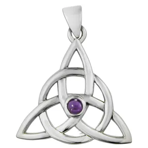 925 Sterling Silver Individuation Jewelry Triquetra Celtic Knot Pendant Natural Amethyst Round Shape Pendant
