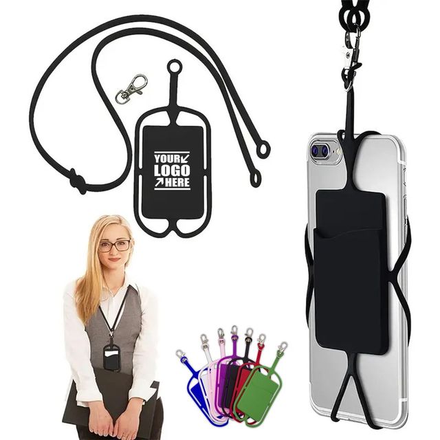 Promotion Customized Logo Silicone Mobile Cell Phone Lanyards Neck Strap Holder Pouch Card Slot Necklace Sling for Smartphone