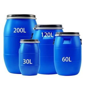 Fûts chimiques en plastique HDPE bleus à ouverture supérieure de 30L à 200L avec cerclages en fer, marque Shengjiang, modèle 15.85gal, origine CN/JIA - Product Image 1