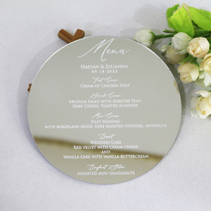 Círculo personalizado redondo plata espejo acrílico menú tarjetas blanco lámina impresión lujo DIY boda cena restaurante menús - Product Image 2