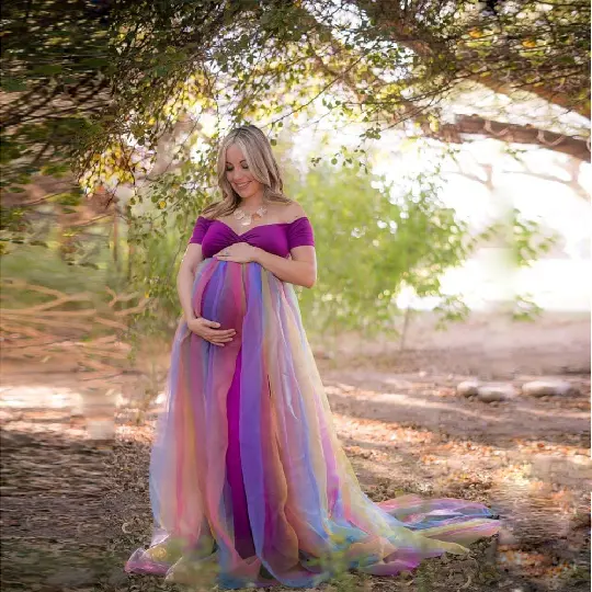 새로운 스타일 플러스 사이즈 레인보우 Tulle 이브닝 가운 출산 임신 멋진 맥시 어깨 코튼 가운 드레스 사진 촬영