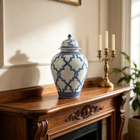 Pot à gingembre en porcelaine à motif géométrique bleu et blanc avec couvercle, vase décoratif en céramique pour la décoration intérieure occidentale