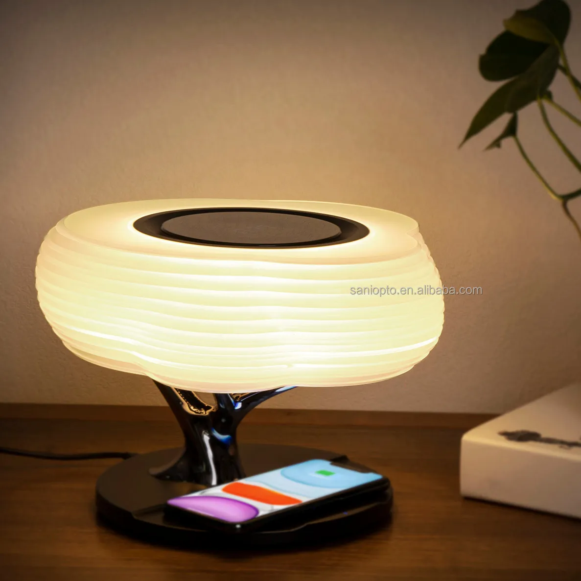 Bedside Table Lamp BT Speaker and Wireless Charger Sleep Mode Stepless Dimming Tree Light Wireless Charging Desk Lamp