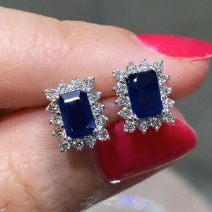 Orecchini rettangolari con zirconi di colore blu zaffiro per donna, gioielli geometrici alla moda - Product Image 1