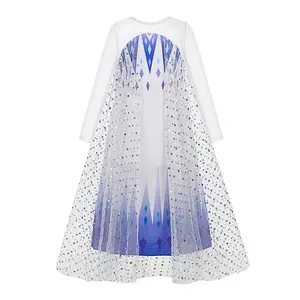 Offre Spéciale Elsa manches longues paillettes blanc reine robe avec capes amovibles Halloween enfants filles Cosplay fête Costume