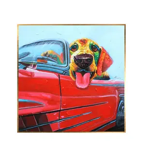 Venta al por mayor pintado a mano moderno divertido perro Animal pintura de pared cuchillo perro Drive pintura al óleo sobre lienzo para la decoración de la habitación imagen