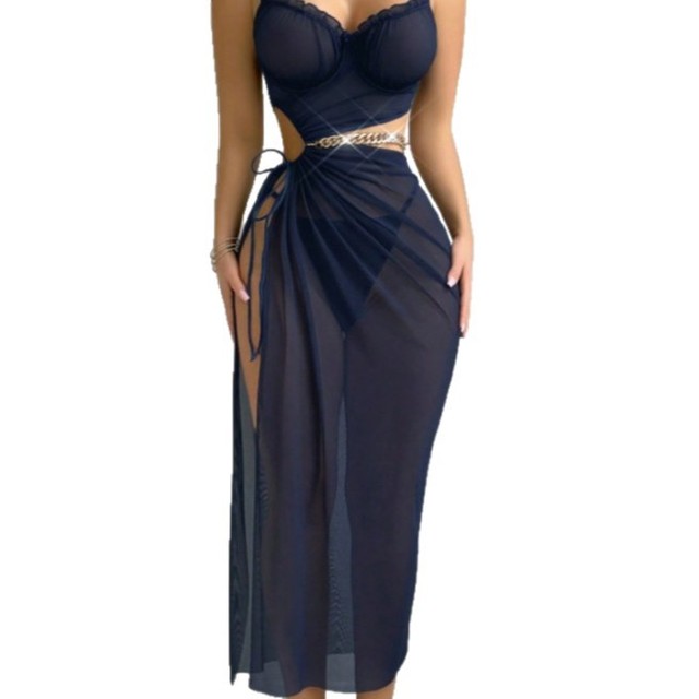 Split-Style Cross-Border Slit Long Skirt European/American Bikini Lingerie Set ODM Mesh Ethereal New Sexy