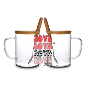 Tasse en verre à sublimation Offre Spéciale 15oz tasse à café personnalisée résistante à la chaleur avec couvercle et cuillère en bambou pour Valentine mère son cadeau