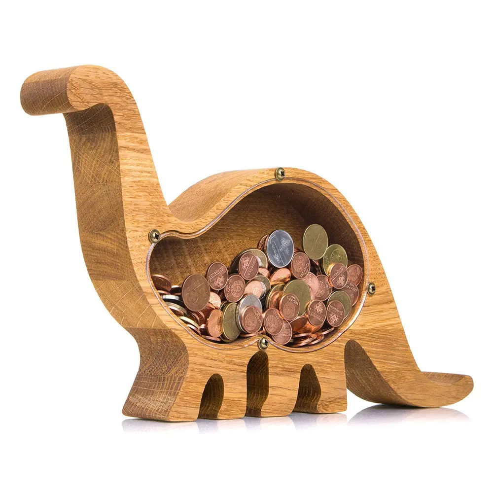 Kotak uang tabungan koin dinosaurus anak-anak hadiah ulang tahun kustom kerajinan celengan berbentuk kayu huruf alfabet hewan untuk anak-anak