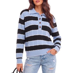 Pull polo rayé en tricot torsadé personnalisé pour femme, à manches longues, boutonné, décontracté - Product Image 1
