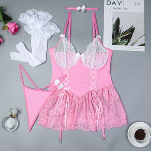 Conjunto de Lencería Erótica Sexy de Cuatro Piezas: Falda con Tirantes y Lazos, Liguero y Medias para Mujer (Modelos al por Mayor) - Product Image 6