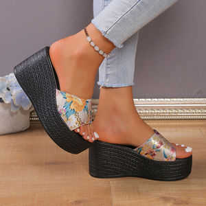 2025 Slope Heel <b>Slippers</b> for Women in the Summer of New Thick Soled Mid Heel Beach Fish Mouth One Line <b>Slippers</b> for Women 1903 - Product Image 2