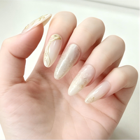 24 faux ongles 3D embossés à presser, forme amande moyenne, nude, avec paillettes et feuille d'or, réutilisables, design haut de gamme pour femmes