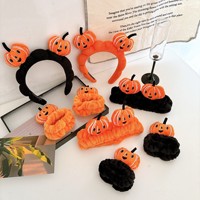 Super mignon ensemble trois pièces en peluche Citrouille d'Halloween, style japonais et coréen, bandeau pour cheveux, accessoire pour le lavage du visage et l'entretien, coiffe amusante pour photos