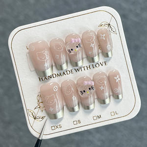 Fransız Tarzı Altın Simli Tam Kaplama Kedi Gözü Kısa Boy Tırnak Süsü Çıkarılabilir Takma Tırnaklar Sevimli Hello Kitty Kedi Giyilebilir Takma Tırnaklar - Product Image 1