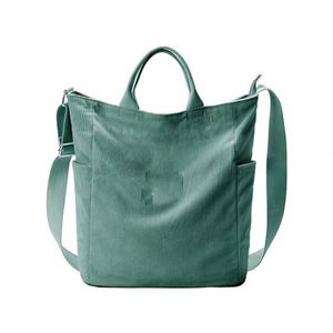 Sac fourre-tout en velours côtelé de haute qualité pour femme, souple, uni, avec fermeture éclair, idéal pour le collège, à porter à l'épaule ou en bandoulière - Product Image 1