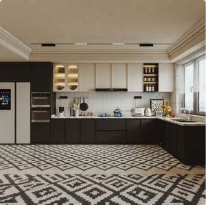 Projet American Villas : Armoire de cuisine en MDF avec porte carrée de style shaker, finition stratifiée couleur bois brillant, robinet et évier, pour appartement et centre commercial - Product Image 5