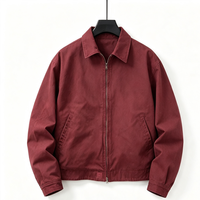Veste de travail vintage en toile délavée pour homme, bordeaux uni, col rabattu, fermeture éclair intégrale, brodée, vêtement d'extérieur décontracté, vente en gros personnalisée