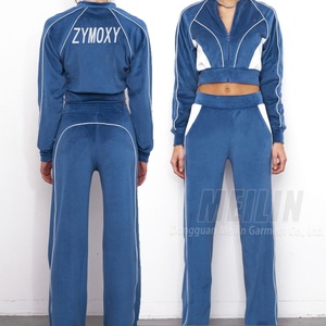 Custom 3m Reflective <b>Zip</b> <b>up</b> <b>Crop</b> Hoodies Velvet for Women Sweat Suit Jogger Two Piece Set Velvet Tracksuits for Women - Product Image 1