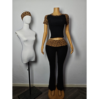 Vêtements tendance pour femme, imprimé léopard, ensemble de deux pièces, vêtements de détente d'été, manches raglan, taille pliable, pantalon long, coton respirant, élasthanne